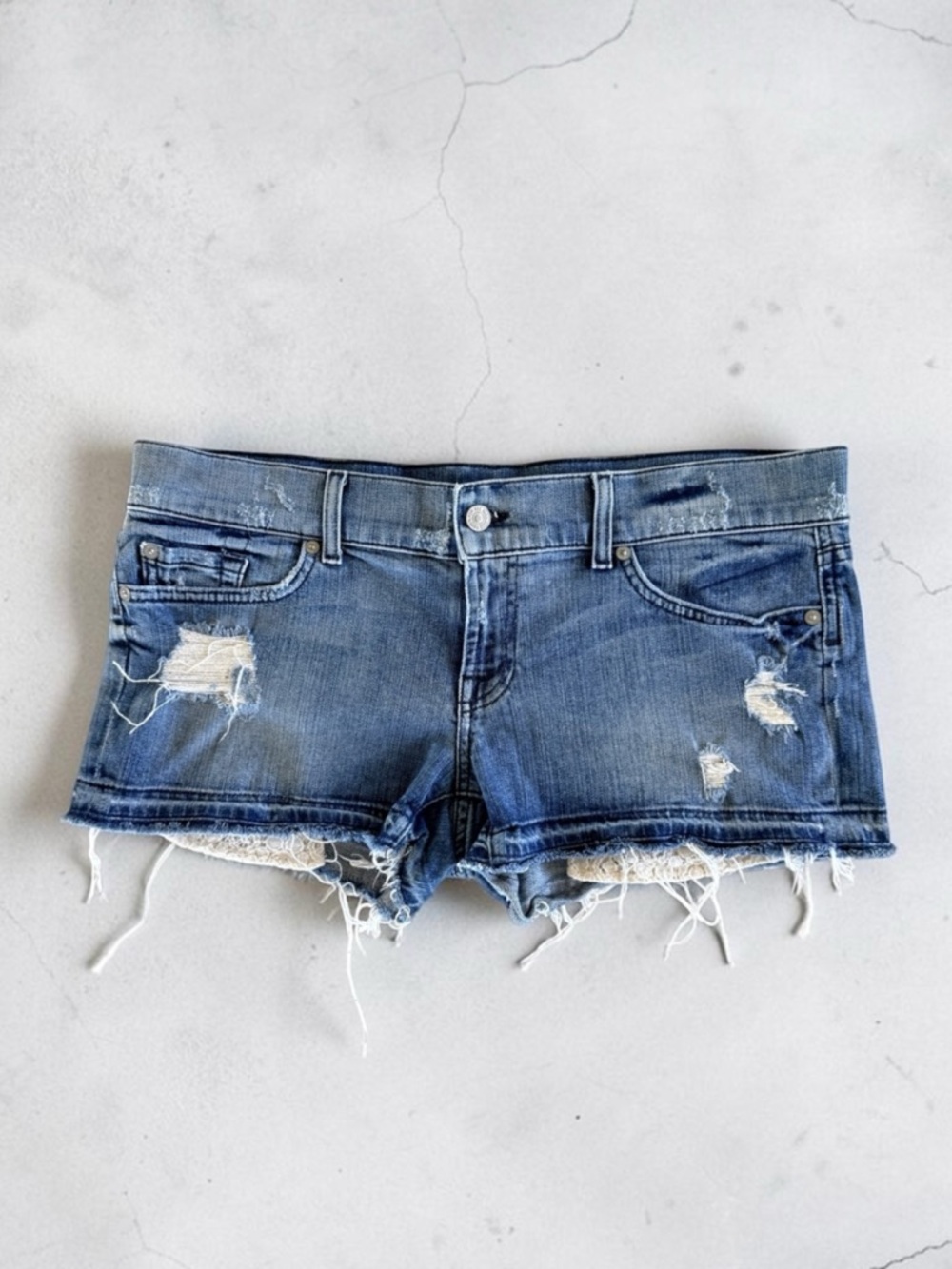7 For All Mankind Distressed Boyfriend Denim Shorts Lace Raw Hem Womens 32